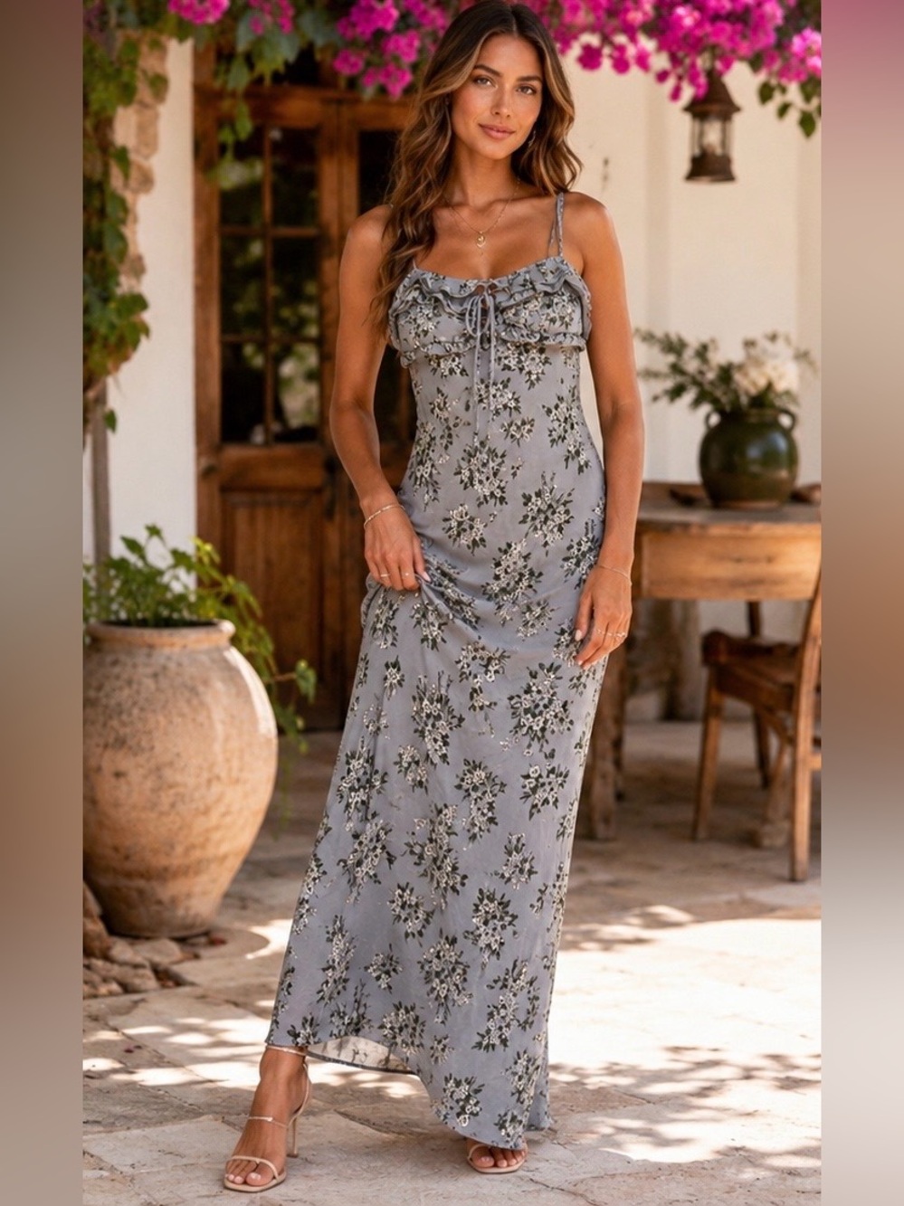 wild fable Slate Grey Floral Ruffle-Trim Maxi Dress - XXS - NWT